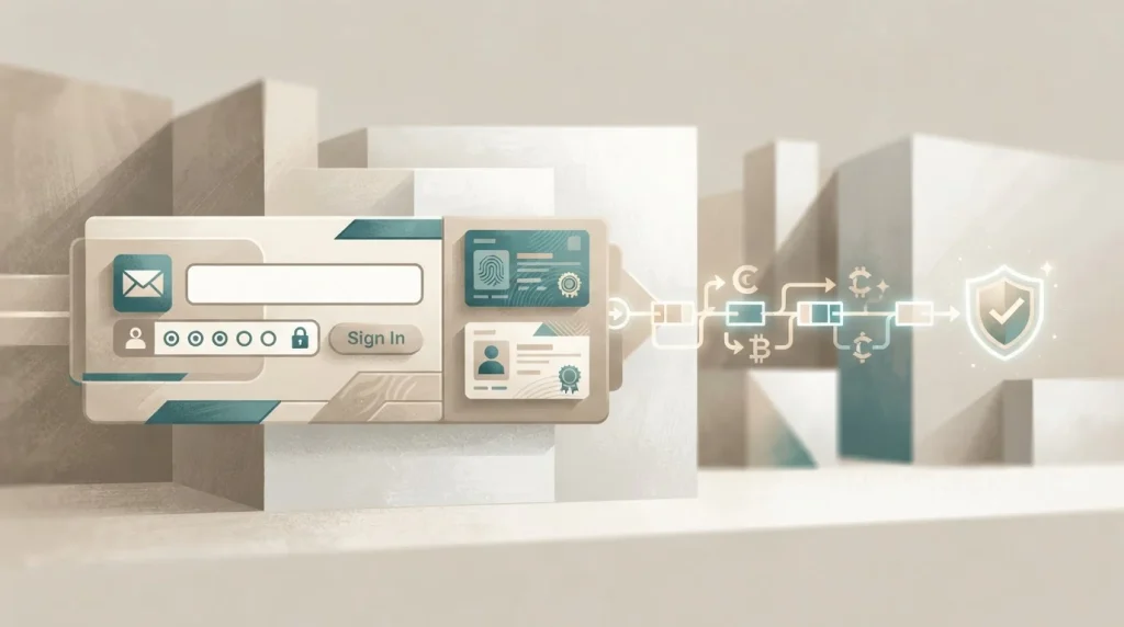 Account security scene with abstract email field, password symbols and identity documents