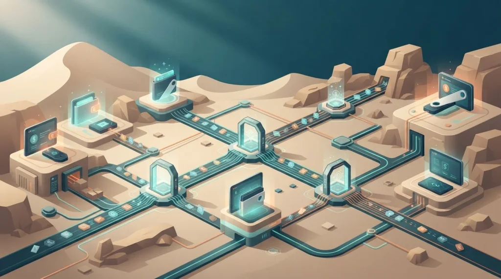 Crypto wallets connected by branching network paths and transfer checkpoints