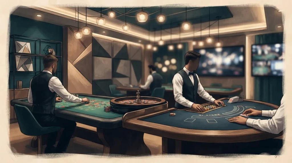 Elegant live casino studio with card and roulette tables under soft lighting