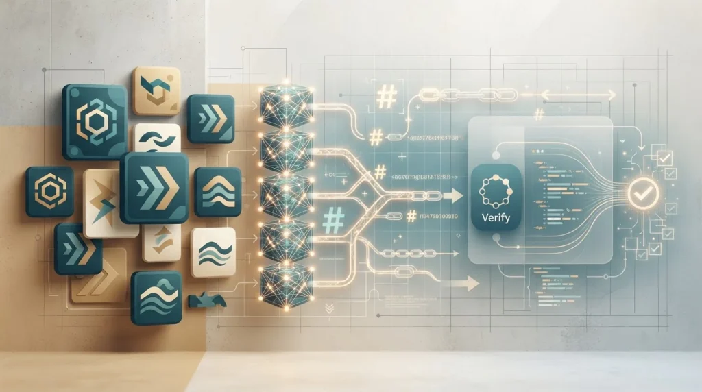 Abstract game tiles beside cryptographic seed blocks and linked hash symbols