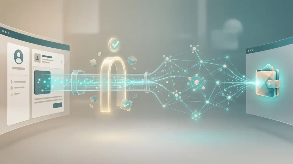 Outbound crypto transfer path passing through several abstract checkpoints before reaching a wallet